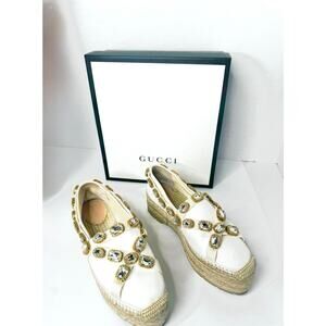 Gucci Ivory Canvas Crystal Platform Espadrille Resort Shoes EU 39.5